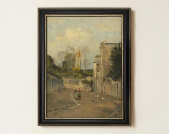 Vintage Village Street Painting | Antique Countryside Landscape Artwork | Rustic European Wall Decor | Mailed Print