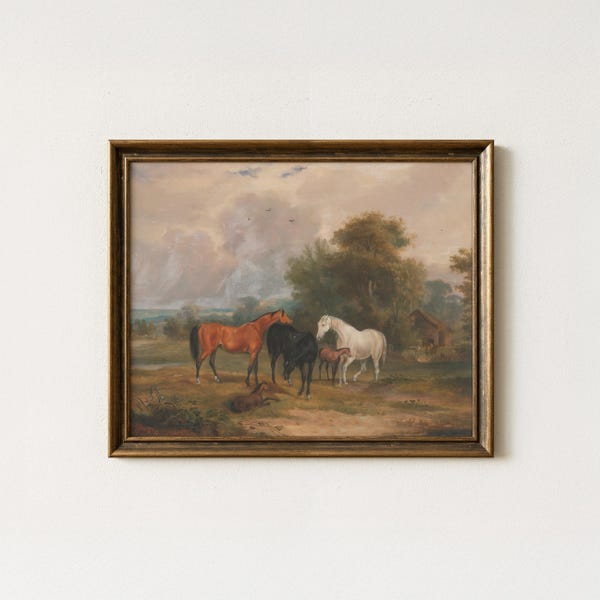 Vintage Horse Landscape Painting | Antique Equestrian Wall Art | Rustic Farmhouse Foal Home Decor | Mailed Print