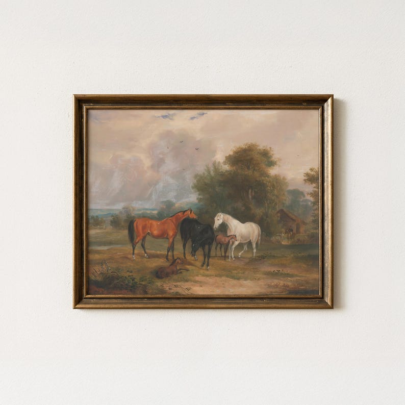 Vintage Horse Landscape Painting | Antique Equestrian Wall Art | Rustic ...