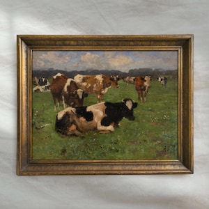 Vintage Rustic Cow Painting | Moody Farmhouse Landscape Artwork | Antique Cattle Wall Decor | Country Cottage Art | Mailed Print