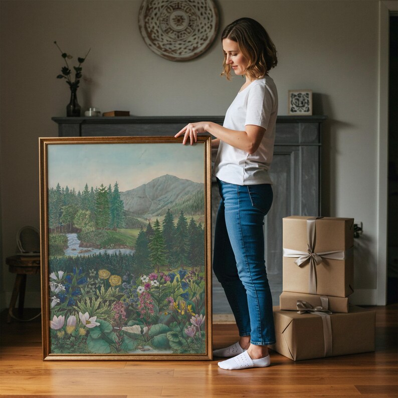 Alpine Wildflower Valley Painting | Vintage Mountain Landscape Wall Art | Botanical Meadow Artwork | Framed Art image 2