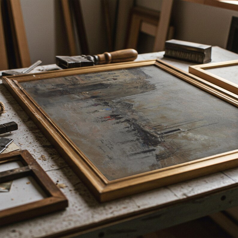 Vintage Rainy City Painting | Antique Street Scene Artwork | Rustic Gray Urban Decor | Framed Art image 17