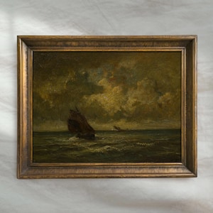 Vintage Moody Seascape Painting | Rustic Sailboat Wall Art | Dark Coastal Ocean Decor | Mailed Print