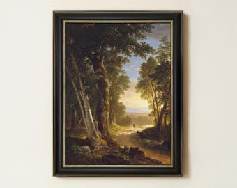Vintage Sheep Landscape Painting | Antique Farmhouse Forest Wall Artwork | Rustic Countryside Animal Decor | Mailed Print