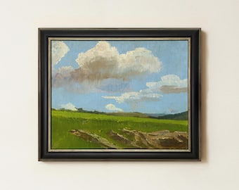 Vintage Cloudy Field Painting | Antique Landscape Artwork | Countryside Pastoral Wall Decor | Mailed Print