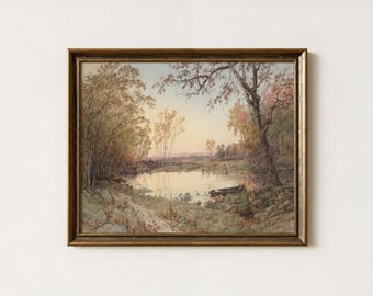 Vintage Riverside Autumn Painting | Countryside Fall Wall Decor | Antique Landscape Artwork | Mailed Print