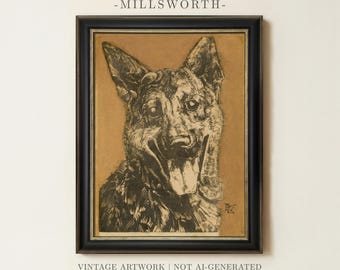 May include: A framed black and white ink drawing of a German Shepherd dog on tan paper. The artwork is enclosed in a black frame with a thin silver inner border. The text MILLSWORTH is printed above the frame, and VINTAGE ARTWORK | NOT AI-GENERATED is below.