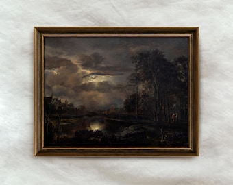 Vintage Moonlit Landscape Painting | Moody Landscape Wall Art | Rustic Dark Countryside Decor | Mailed Print