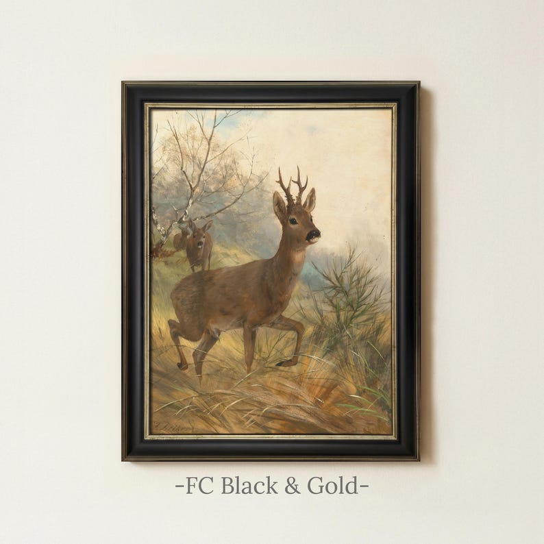 Vintage Deer Painting | Antique Woodland Wildlife Artwork | Rustic Hunting Cabin Wall Art | Mailed Print FC Black & Gold