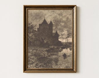 Moody Castle Sketch | Antique Medieval Wall Art | Vintage Dark Landscape Artwork | Mailed Print