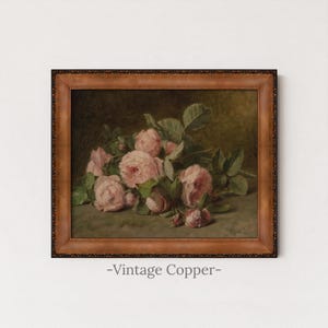 Vintage Pink Roses Painting | Floral Still Life Wall Art | Romantic Botanical Home Decor | Rustic Flower Still Life Print | Framed Art Vintage Copper