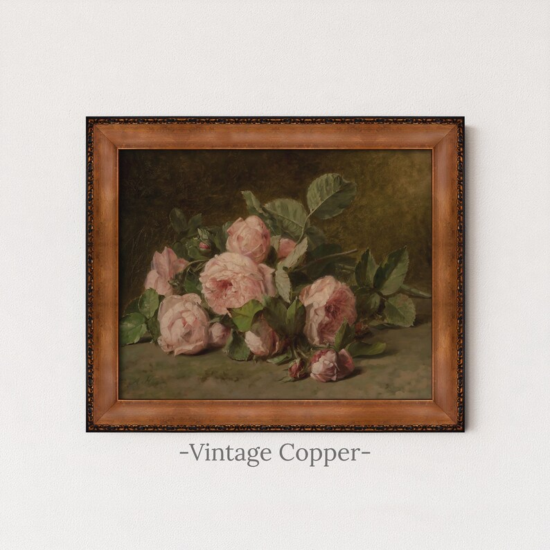 Vintage Pink Roses Painting | Floral Still Life Wall Art | Romantic Botanical Home Decor | Rustic Flower Still Life Print | Framed Art Vintage Copper