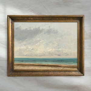 Vintage Coastal Seascape Painting | Muted Cloudy Sky Wall Art | Neutral Beach Landscape Decor | Mailed Print