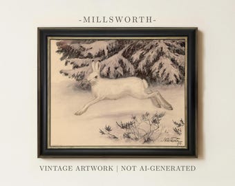 Vintage White Hare Painting | Antique Winter Bunny Wildlife Artwork | Snowy Animal Landscape Home Decor | Framed Art
