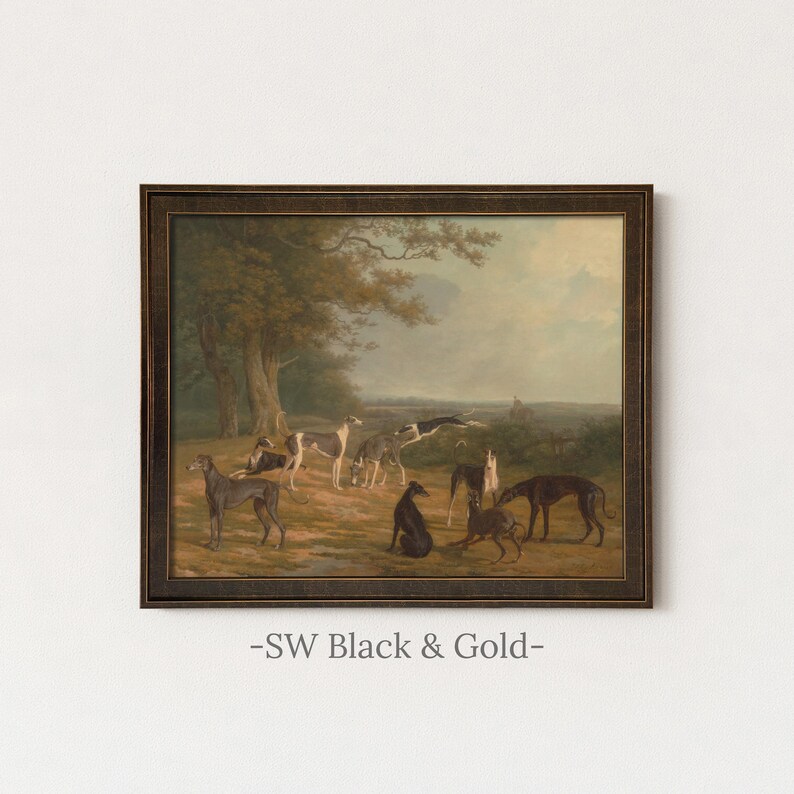 Vintage Greyhound Dog Painting | Antique Animal Artwork | Rustic Farmhouse Wall Decor | Framed Art SW Black Gold