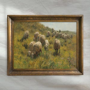 Vintage Shepherdess Sheep Painting | Antique Farmhouse Landscape Artwork | Rustic Farm Country Decor | Countryside Wall Art | Mailed Print