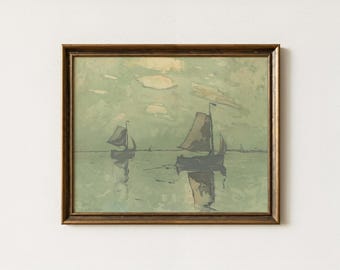 Vintage Sailboat Painting | Antique Seascape Artwork | Nautical Ocean Wall Decor | Mailed Print