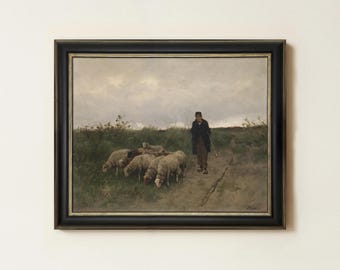 Vintage Sheep Landscape Painting | Antique Farmhouse Animal Artwork | Rustic Country Pasture Decor | Mailed Print