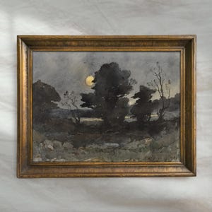 Dark Landscape Watercolor Painting | Vintage Moody Moonlit Wall Art | Antique Countyside Forest Decor | Mailed Print