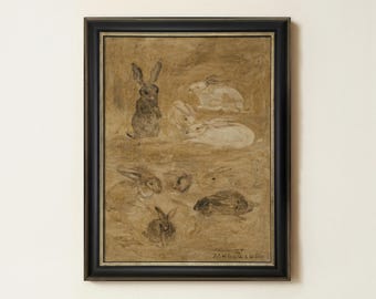 Vintage Bunnies Painting | Rustic Rabbit Wall Art | Animal Nursery Easter Decor | Mailed Print