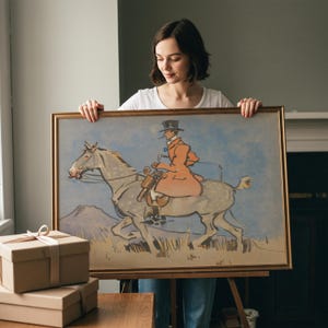 Vintage Equestrian Rider Painting | Antique Horse Artwork | Rustic Watercolor Wall Decor | Framed Art image 2