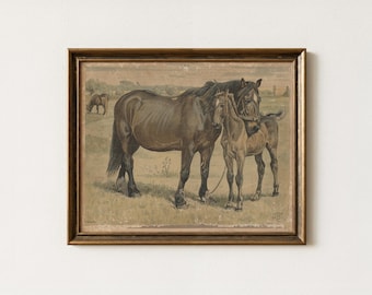 Rustic Mare Foal Painting | Antique Farmhouse Horse Wall Decor | Vintage Equestrian Artwork | Mailed Print