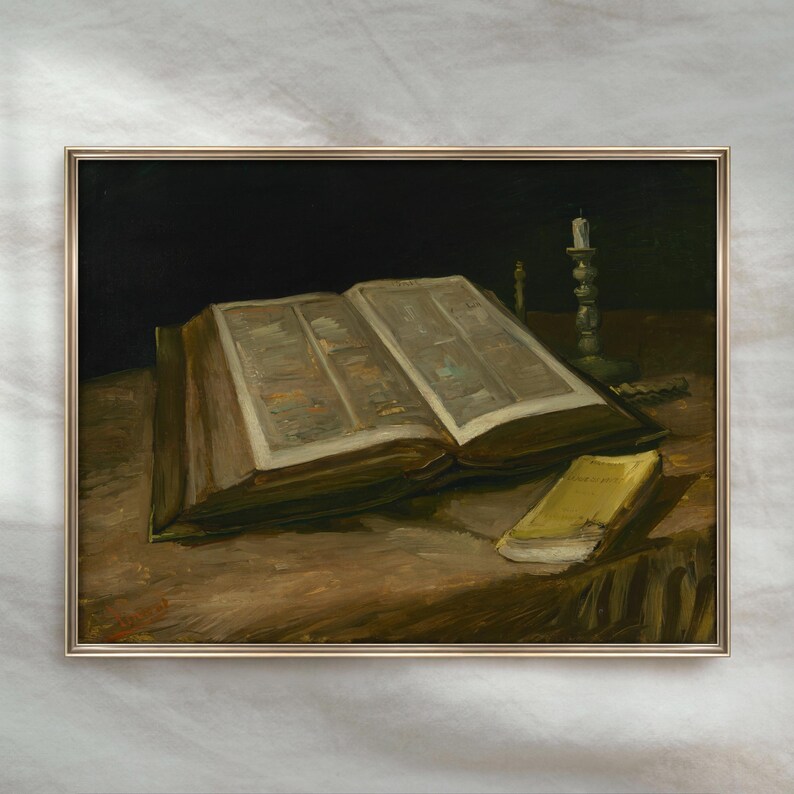 Vintage Bible Still Life Painting | Antique Religious Wall Decor | Rustic Spiritual Artwork | Mailed Print image 5