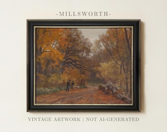 Autumn Landscape Oil Painting | Vintage Rustic Fall Decor | Antique Countryside Scenery Wall Art | Framed Art