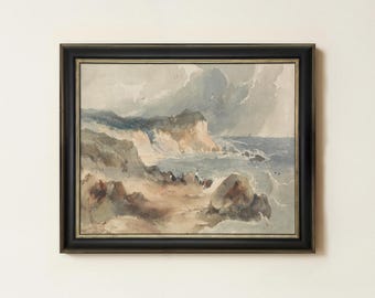 Vintage Coastal Watercolor Painting | Rustic Nautical Ocean Decor | Antique Beach Landscape Wall Art | Mailed Print