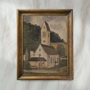 Vintage Church Landscape Painting | Rustic European Chapel Art | Antique Country Wall Decor | Mailed Print