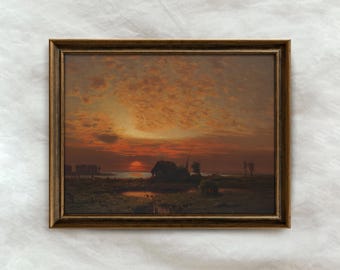 Vintage Red Sunset Painting | Antique Landscape Wall Art | Dark Countryside Home Decor | Mailed Print