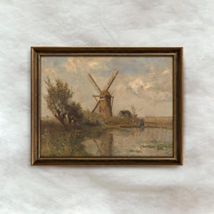 Rustic Windmill Painting | Dutch Countryside Wall Decor | Vintage Landscape Artwork | Mailed Print