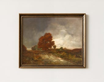 Vintage Autumn Landscape Painting | Moody Fall Wall Art | Antique Country Meadow Decor | Mailed Print