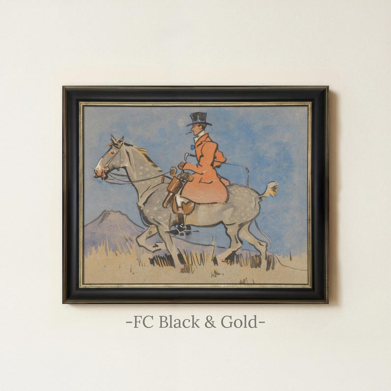 Vintage Equestrian Rider Painting | Antique Horse Artwork | Rustic Watercolor Wall Decor | Framed Art FC Black & Gold