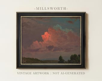 Moody Cloud Painting | Vintage Red Sunset Wall Art | Country Landscape Home Decor | Framed Art