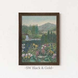 Alpine Wildflower Valley Painting | Vintage Mountain Landscape Wall Art | Botanical Meadow Artwork | Framed Art SW Black Gold