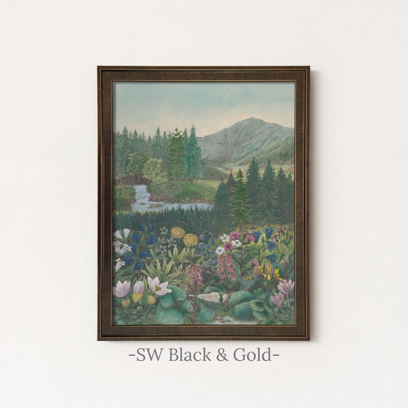 Alpine Wildflower Valley Painting | Vintage Mountain Landscape Wall Art | Botanical Meadow Artwork | Framed Art SW Black Gold