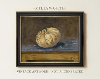 May include: A framed oil painting titled MILLSWORTH featuring a pale, textured gourd resting on a blue cloth atop a wooden surface. The artwork is enclosed in a black frame with gold inner detailing. The text VINTAGE ARTWORK | NOT AI-GENERATED is visible.