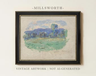 Vintage Spring Landscape Painting | Antique Countryside Field Artwork | Framed Art