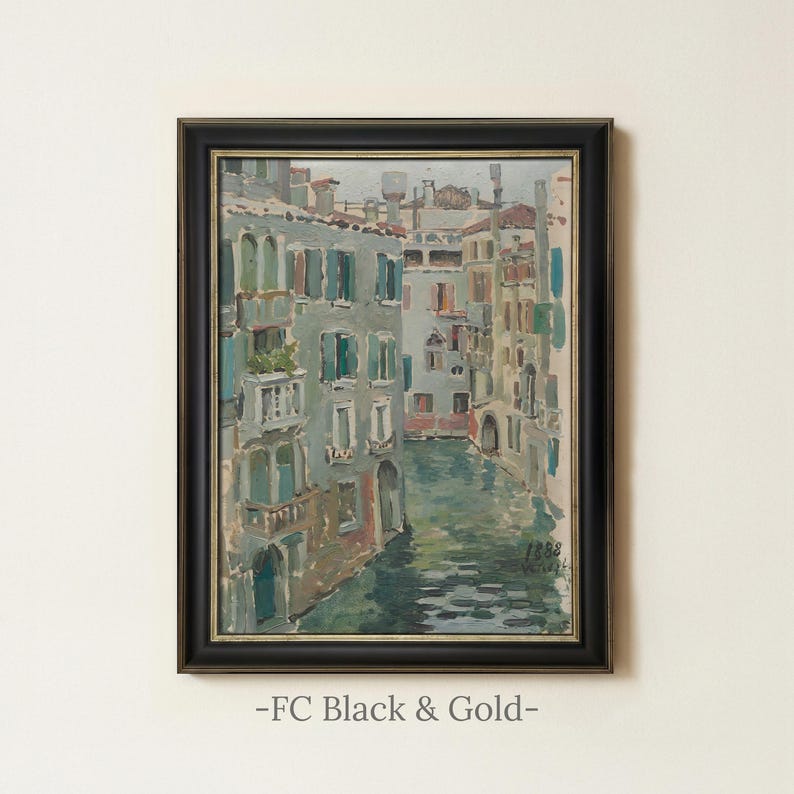 Vintage Venice Canal Painting | Antique European Wall Art | Italian Landscape Home Decor | Framed Art FC Black & Gold
