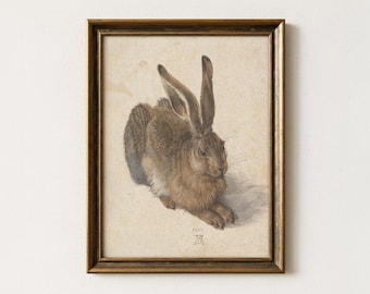 Antique Rabbit Painting | Rustic Hare Wall Art | Vintage Farmhouse Bunny Decor | Mailed Print