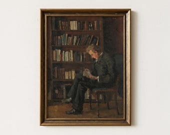 Vintage Reading Painting | Antique Library Wall Art | Rustic Interior Home Decor | Mailed Print