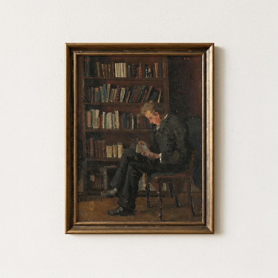 Vintage Reading Painting | Antique Library Wall Art | Rustic Interior Home Decor | Mailed Print