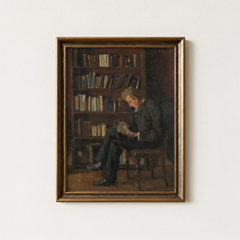Vintage Reading Painting | Antique Library Wall Art | Rustic Interior Home Decor | Mailed Print image 1