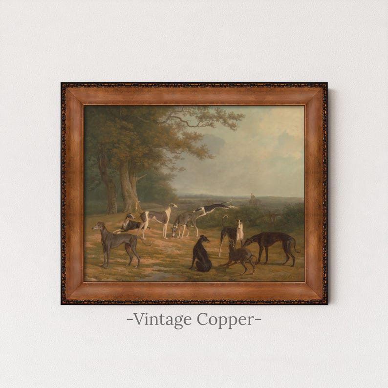 Vintage Greyhound Dog Painting | Antique Animal Artwork | Rustic Farmhouse Wall Decor | Framed Art Vintage Copper