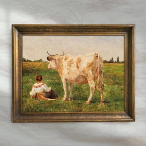 Vintage Cow Landscape Painting | Antique Countryside Wall Art | Rustic Farmhouse Meadow Decor | Mailed Print