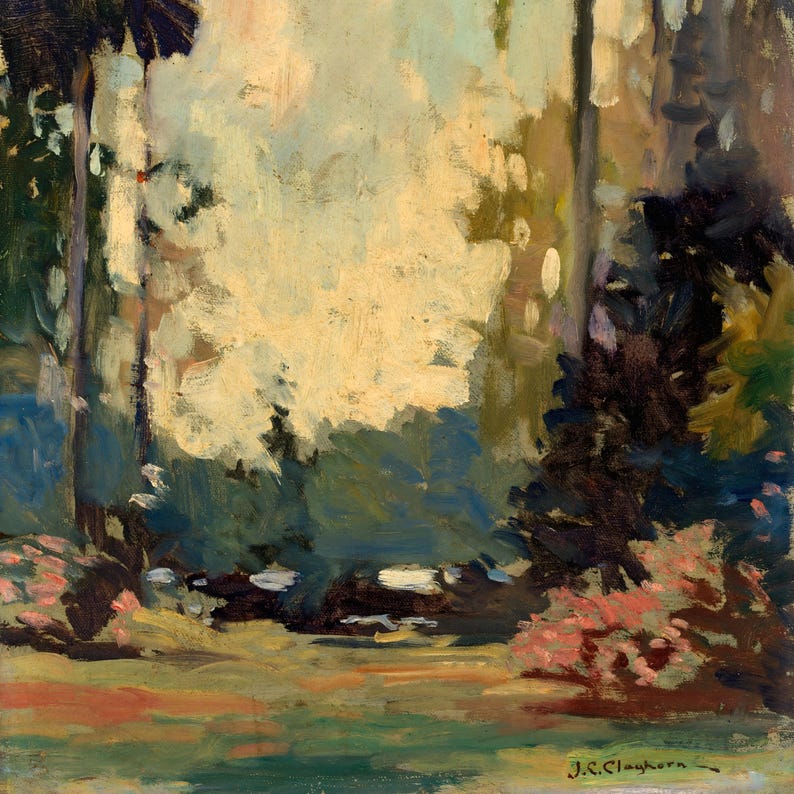 May include: An oil painting on canvas depicting a lush garden scene with tall dark trees, soft cream-colored foliage, and patches of pink flowers in the foreground. The artwork features visible brushstrokes and is signed J.C. Clayhorn in the corner.