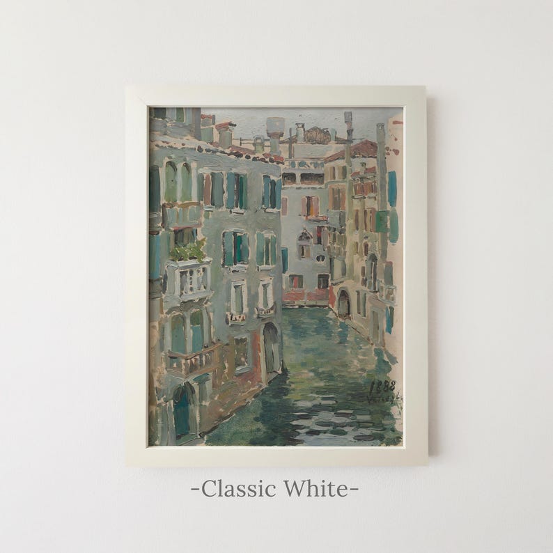 May include: An oil painting of a Venetian canal scene featuring multi-story buildings with blue-green shutters and balconies, rendered in a textured style. The artwork is enclosed in a simple, thick, classic white frame with the text Classic White.