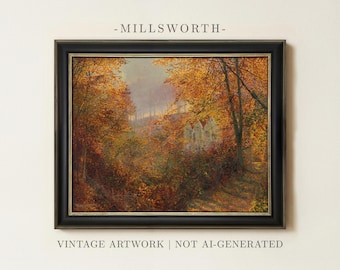 Vintage Autumn Trees Painting | Antique Fall Landscape Wall Art | Rustic Woodland Forest Home Decor | Framed Art