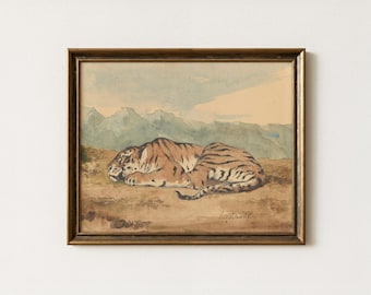 Vintage Tiger Painting | Antique Rustic Big Cat Wall Art | Mailed Print